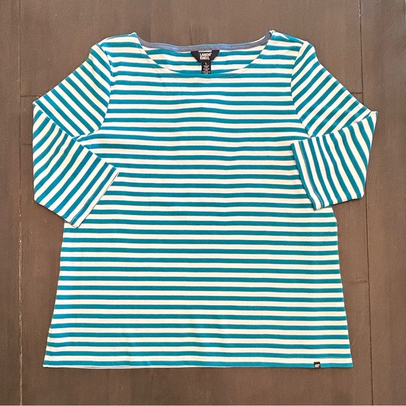 Land's End blue white nautical preppy 3/4 Sleeve Boat Neck Pima Cotton top NWT L - Picture 3 of 8